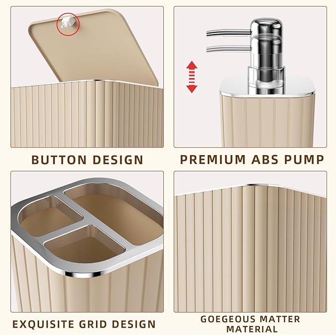 Bathroom Accessories Set - 25PC Bathroom Sets with Shower Curtain and Rugs, Beige Bathroom Set with Trash Can, Soap Dispenser, Soap Dish & Toilet Brush