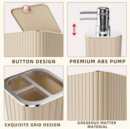 Bathroom Accessories Set - 25PC Bathroom Sets with Shower Curtain and Rugs, Beige Bathroom Set with Trash Can, Soap Dispenser, Soap Dish & Toilet Brush