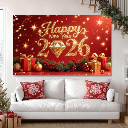 2026 Happy New Year Backdrop Gold Diamond Glitter Banner Red Background with Gift Boxes Party Decoration Photography Background 71x43 Inches New Year Eve Celebration Decor