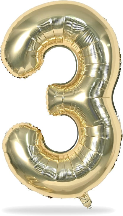 Champagne Gold Number 3 Balloons, 40 Inch Giant Light Gold Helium Foil Number 0-9 for Girls, Self Inflating 3rd Birthday Balloon for Boys Women Men Anniversary Baby Shower Party Decorations Supplies