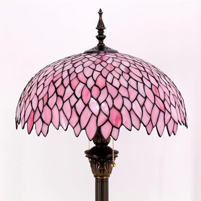 WERFACTORY Tiffany Floor Lamp Pink Wisteria Stained Glass Standing Reading Light 16X16X64 Inches Antique Style Pole Corner Lamp Decor Bedroom Living Room Home Office S523P Series