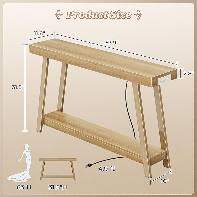 Huuger Console Table with Charging Station, USB-C Port, 2 Tiers Entryway Table, 53.9 Inch Sofa Table with Metal Legs, Entry Hallway Table with Thicker Desktop, Modern Behind Couch Table, Natural