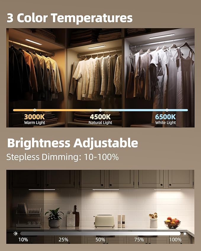 Under Cabinet Lighting Wireless,Rechargeable Battery Motion Sensor Light Indoor,LED Closet Lights USB Charging,3 Color Dimmable Under Cabinet Lights for Kitchen, Cabinet, Wardrobe (3 Pcs) 8inch