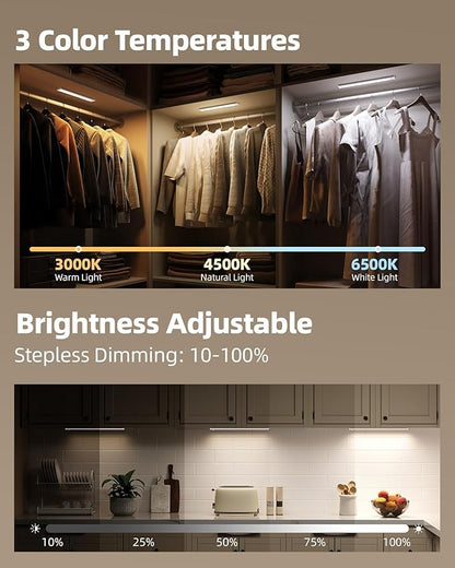 Under Cabinet Lighting Wireless,Rechargeable Battery Motion Sensor Light Indoor,LED Closet Lights USB Charging,3 Color Dimmable Under Cabinet Lights for Kitchen, Cabinet, Wardrobe (3 Pcs)12in