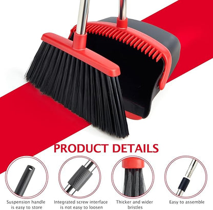 Broom and Dustpan Set with Long Handle, Heavy Dust Broom and Dustpan Combo for Home，Kitchen, Office, Pet Hair (Black Red)
