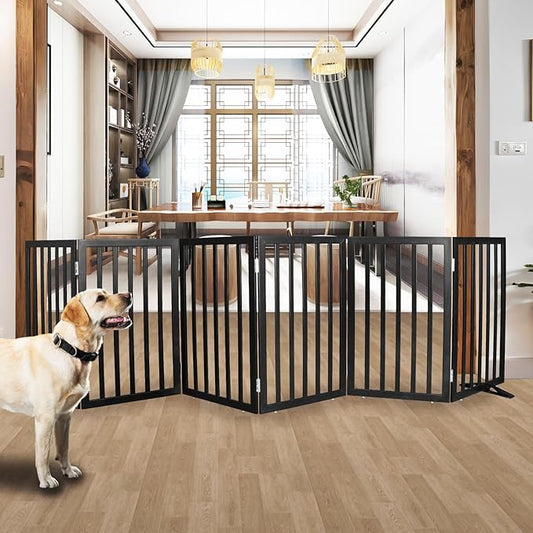 Dog Gate Indoor, Freestanding Dog Fence for The House, Doorways, Hallways,or Stairs,Pet Gate Foldable Wooden,Expandable 32" Height 6 Panels,Black