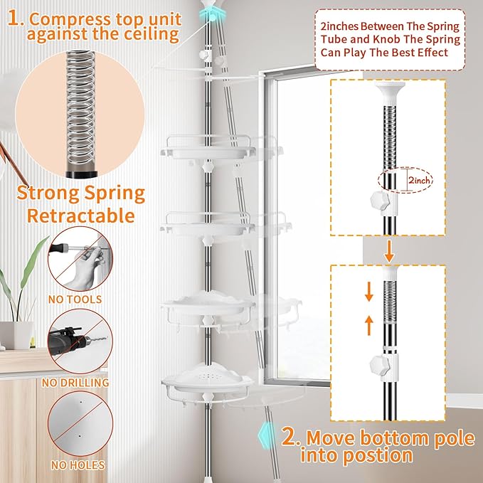 Upgrade Sturdy Shower Caddy Tension Pole Corner Shower Caddy Bathroom Organizer 18/8 Stainless Steel Rustproof 4 Tier Adjustable Shelves for Bathtub Shampoo Accessories Storage Rack 32-122inch