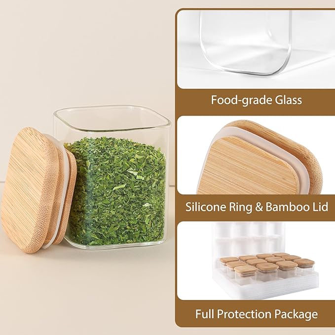 12 Pack 4 oz Square Glass Spice Jars with Lids and Labels – Airtight Small Spice Containers Set, Clear Glass Storage Jars for Seasoning, Spices, Kitchen Pantry Organization