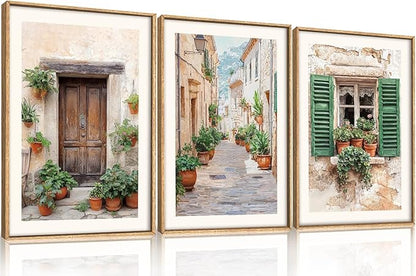 Large Vintage Italy Cityscape Framed Canvas Wall Art,Minimalist Europe Street Art Prints,Natural Green Window Wall Decor,Modern Country Landscape Artwork for Living Room,Dining Room -24"x36"x3