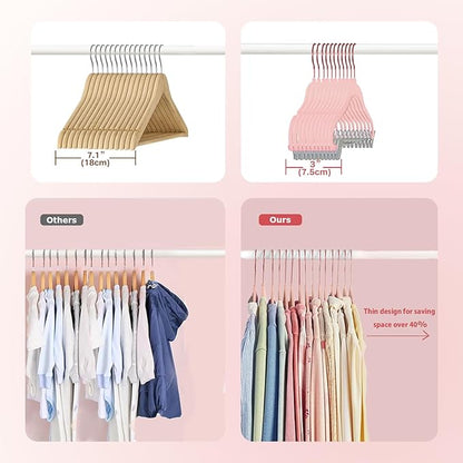 Baby Hangers with Clips, 24 Packs Kids Velvet Clothes Hangers, Heavy-Duty Childrens Pant Hangers for Shirts, Pants, Skirts, Dresses, Jackets, Coat Pink - Rose Gold Hook