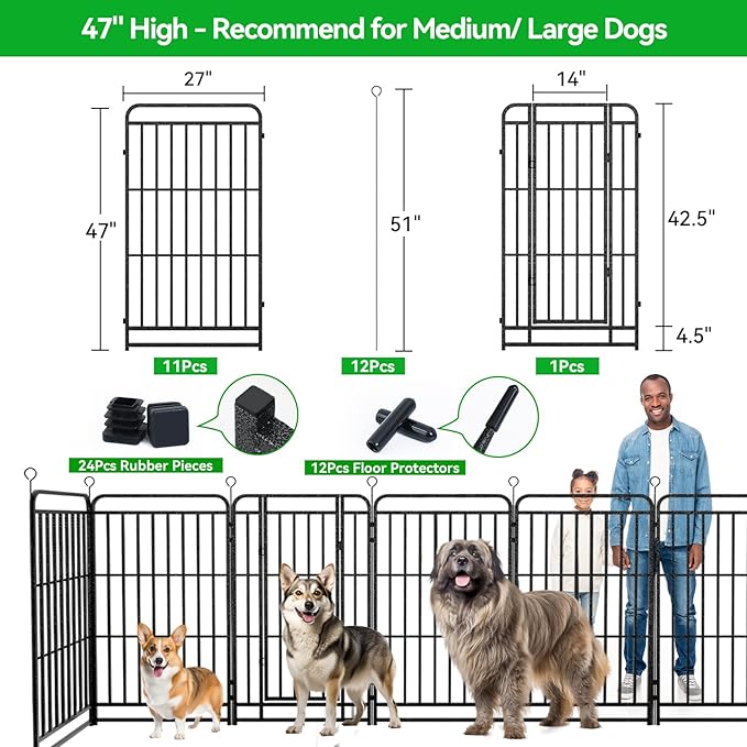Dog Playpen Outdoor 12 Piece Panels Heavy Duty Dog Fence 47" Height with Thick Pipe Anti-Rust with Doors Portable for RV Camping Yard, Total 27FT, 57 Sq.ft, Snowy Black