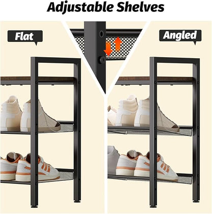 Shoe Rack for Front Door Entrance, 3 Tier Shoe Rack for Entryway, Shoe Shelf for Closet, Metal Shoe Rack Organizer with Sturdy Wooden Top & Steel Frame,(Black+Rustic Brown)