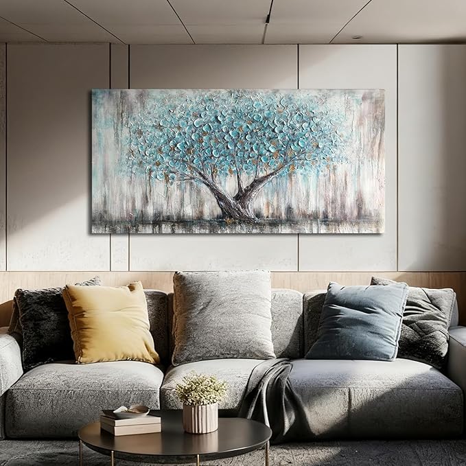 Arjun Tree Wall Art Canvas for Living Room Blue Tree of Life Nature Teal Abstract Textured Painting Picture Modern Panoramic Landscape Artwork Framed Bedroom Home Office Decor, Large Size 40"x20"