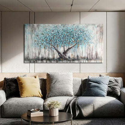 Arjun Tree Wall Art Canvas for Living Room Blue Tree of Life Nature Teal Abstract Textured Painting Picture Modern Panoramic Landscape Artwork Framed Bedroom Home Office Decor, Large Size 40"x20"