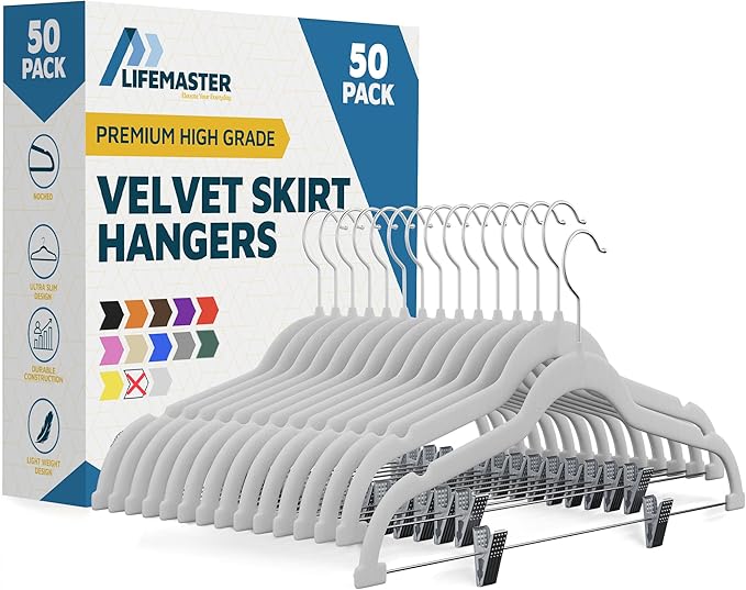 Velvet Skirt Hangers – with Adjustable Clips, 360 Degree Swivel Hook, and Non-Slip Shoulder Notch, Holds Up to 10 lbs, for Organizing Skirt, Pants, Dress, and Clothes, Pack of 50, White