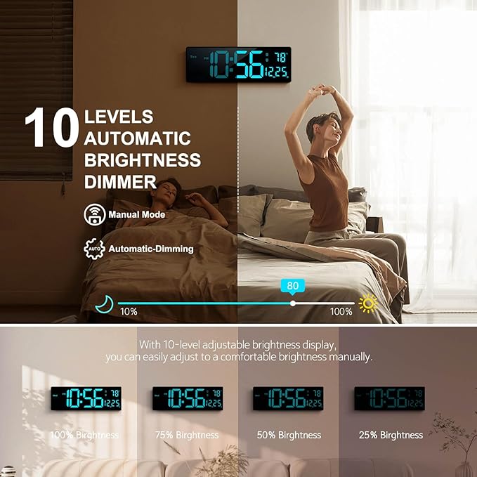 Digital Wall Clock Large Display 16", Digital Clock with 11 RGB Colors Changing Remote Control, LED Clocks with Night Lights for Living Room Bedroom Office Classroom Decor, Auto DST (Multicolor)