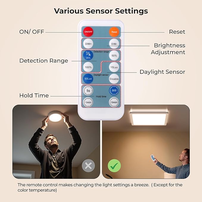 BLNAN Dimmable Motion Sensor LED Ceiling Light with Remote Control, 12 Inch 24W 2400LM Radar Motion Activated Flush Mount Wired Light Fixture for Closet Hallway Laundry Porch Stair, 3000K 4000K 5000K