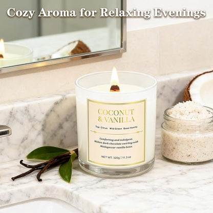 2 Pack Wood Wick Coconut & Vanilla Candle Gift Set – Long Lasting Soy Wax Candles with Gift Boxes, Holiday Aromatherapy Candles for Home Decor & Holiday Gifts