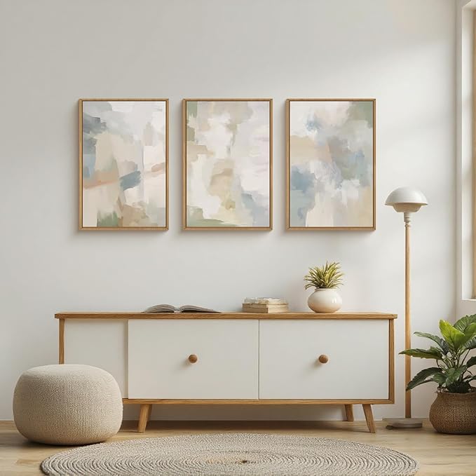 Large Abstract Gray Pastel Framed Canvas Wall Art Set,Neutral Watercolor Brush Stroke Wall Decor,Modern Minimalist Beige Illustration Artwork for Living Room,Bedroom,Dining Room -16"x24"x3