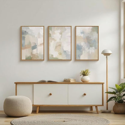Large Abstract Gray Pastel Framed Canvas Wall Art Set,Neutral Watercolor Brush Stroke Wall Decor,Modern Minimalist Beige Illustration Artwork for Living Room,Bedroom,Dining Room -16"x24"x3