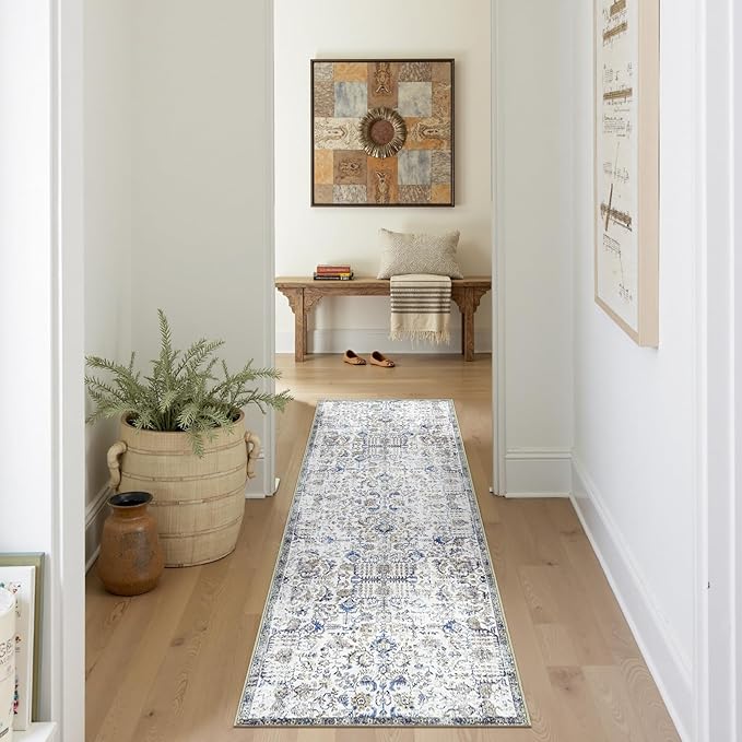 jinchan Runner Rug 2x6 Washable Hallway Rug Vintage Indoor Thin Retro Floor Cover Distressed Floral Country Lightweight Non Slip Carpet for Entryway Bathroom Kitchen Bedroom Living Room Blue