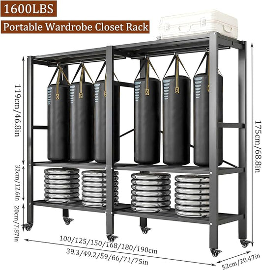 Heavy Duty Clothes Rack with Magnetic Door, Metal Foldable Covered Clothes Rack, Portable Wardrobe Closet System for Hanging Clothes, Rolling Garment Racks for Bedroom (Brown Zipper, 74.8in)