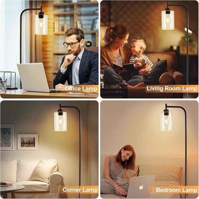 DLLT Floor Lamp Tall for Room: Black Standing Lamp with Seeded Glass Lampshade for Living Room - Modern Bright Lamp for Bedroom - Industrial Corner Floor Lamps for Office 8W Led Bulb Included