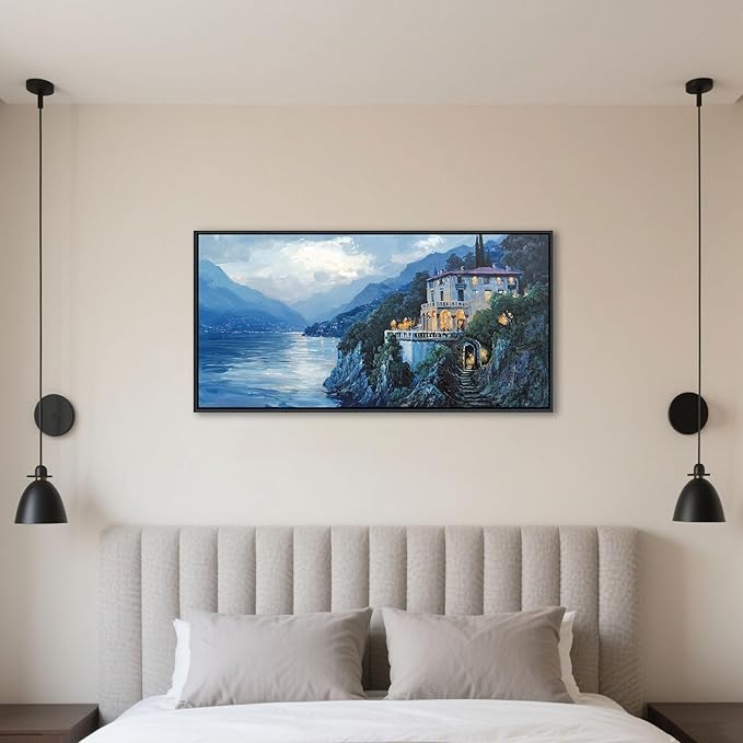 QZQCBLC Landscape Canvas Wall Art, Blue Mountains Lake Houses Green Trees Scenery Framed Paintings Artwork for Living room Bathroom Bedroom Home Office Wall Pictures Decor 20x40 IN