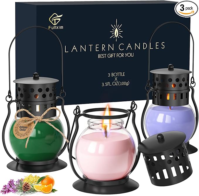 Scented Candles for Home, 3 Pack Fall Candle Set Natural Soy Wax, Retro Lantern Candles Autumn Gifts Set for Women Men, Aromatherapy Candle of Blush Sands/Lilac Blossoms/Balsam Cedar
