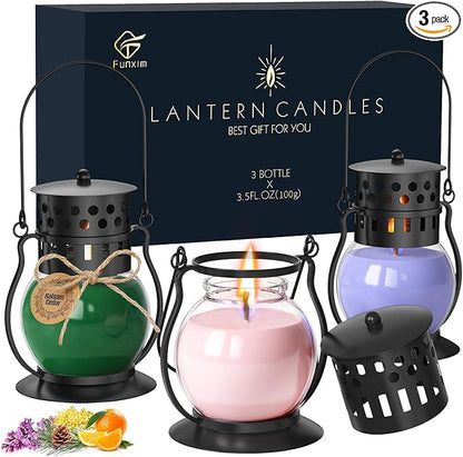 Scented Candles for Home, 3 Pack Fall Candle Set Natural Soy Wax, Retro Lantern Candles Autumn Gifts Set for Women Men, Aromatherapy Candle of Blush Sands/Lilac Blossoms/Balsam Cedar