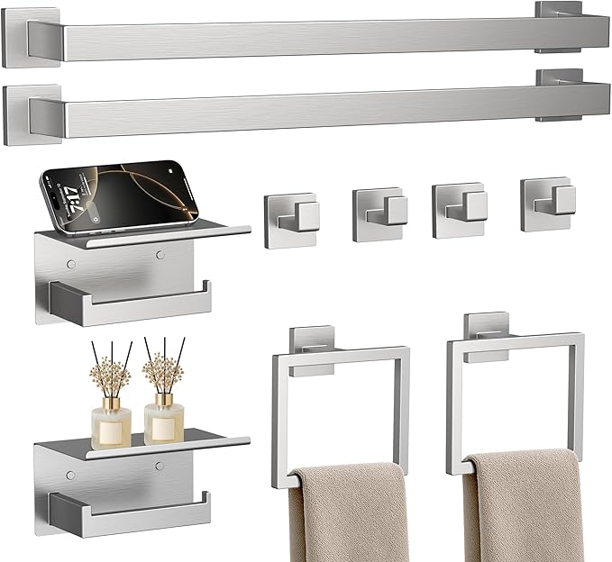 10-Piece 23.6 Inch Brushed Nickel Bathroom Accessories Set, Bathroom Hardware Set, SUS304 Stainless Steel Bath Towel Bar Set, Toilet Paper Holder with Shelf, Towel Hooks & Ring Wall Mounted