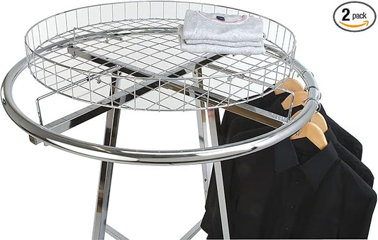 Econoco Folding Round Garment Rack, Adjustable Height Retail Display, Chrome Finish (36" Rack with Grid Top Basket)