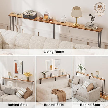 102" Narrow Console Sofa Table - 2 Power Outlets & 4 USB Ports, Metal Frame, Rustic Brown, Perfect for Hallway, Office, and Behind Sofa - Easy Assembly, 4.9' Extension Cord Included