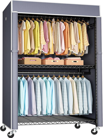 Black Clothing Rack with Grey Cover, P1C Plus Rolling Closets with Wheels, Metal Garment Rack for Hanging Clothes, Clothing Storage Wardrobe, 46" W x 18.5" D x 80.7" H, Load 524 Pounds