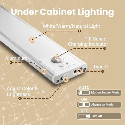 Under Cabinet Lights, Motion Sensor Magnetic LED Light, 12 inch 1500mAh Rechargeable Battery Dimmable Lights with 3 Color Temps, Indoor Wireless Lighting for Kitchen, Closet, Pantry, Counter, 4 Pack