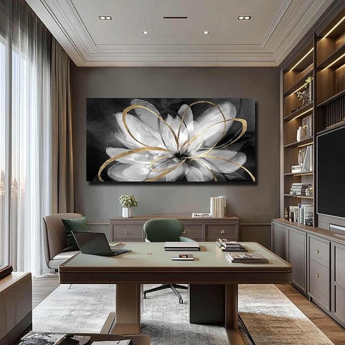 SOUGUAN Room Decor Floral Wall Art 24"x48" botanical Painting Black Art for Living Room Kitchen Dining Room Home Office
