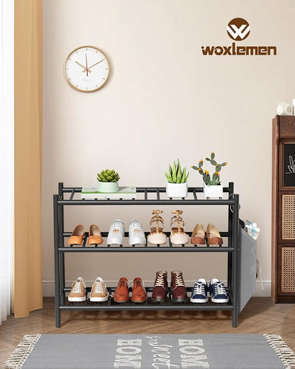 Bamboo Shoe Rack for Closet Small Wooden Shoe Organizer with Pouch, Sturdy Wood Shoe Shelf for Front Door Entrance Entryway and Outdoor, 26 inch Wide (Black, 3-Tier)
