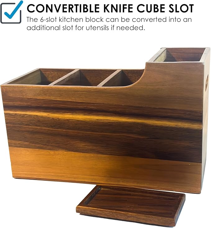 Kitchen Utensil Holder & Organizer with 6-Knife Storage Block - Wood - Countertop or Wall Mountable - Moisture & Water Resistant - Non-Slip Pads