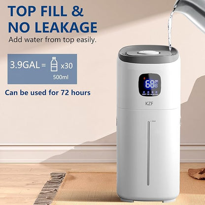 KZF 15L Humidifiers for Bedroom Large Room - 2000 Sq.ft Coverage, 72Hrs Runtime, Top Fill, 26dB Quiet, 3 Mist Levels & Diffuser, Auto Shut-Off, Ready for Baby Nursery and Plants