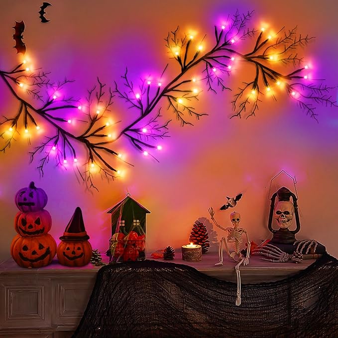 9 Ft 54 LED Halloween Willow Vine Twig Decor Garland with 8 Modes Timer Orange & Purple Lights Waterproof Battery Operated Halloween Decorations for Home Bedroom Wall Fireplace Mantle Decor