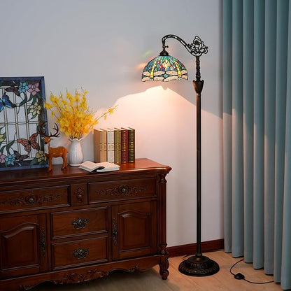 Tiffany Floor Lamp Vintage Standing Lamp Green Blue Dragonfly Stained Glass Floor Light Rustic Corner Gooseneck Floor Lamp with Adjustable Angle for Home Decor Living Room Bedroom 12X12X63 Inches