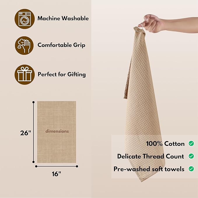 Native Fab Cotton Kitchen Towel with Hanging Loop 16x26 inches, 12-Pack, Waffle Weave Kitchen Towels for Cleaning Drying, Washcloths Soft & Absorbent Cloth Rags, Bar Towel, Dish Cloth, Beige