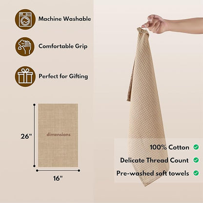 Native Fab Cotton Kitchen Towel with Hanging Loop 16x26 inches, 12-Pack, Waffle Weave Kitchen Towels for Cleaning Drying, Washcloths Soft & Absorbent Cloth Rags, Bar Towel, Dish Cloth, Beige