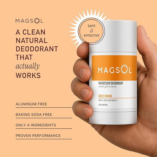 MAGSOL Magnesium Deodorant for Men, Aluminum Free, Baking Soda Free Natural Deodorant for Sensitive Skin, Long Lasting Odor Protection with Sweet Almond Oil, Sweet Orange 2.6 oz