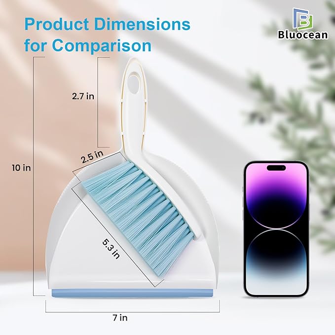 Mini Broom and Dustpan, Plus an Adhesive Hook Set, 7" Dustpan Opening, Bristles for Hair and Small Debris, Mini Portable Hand Brush for Pet, Sofa, Desk, Kitchen (White & Seafoam Blue)