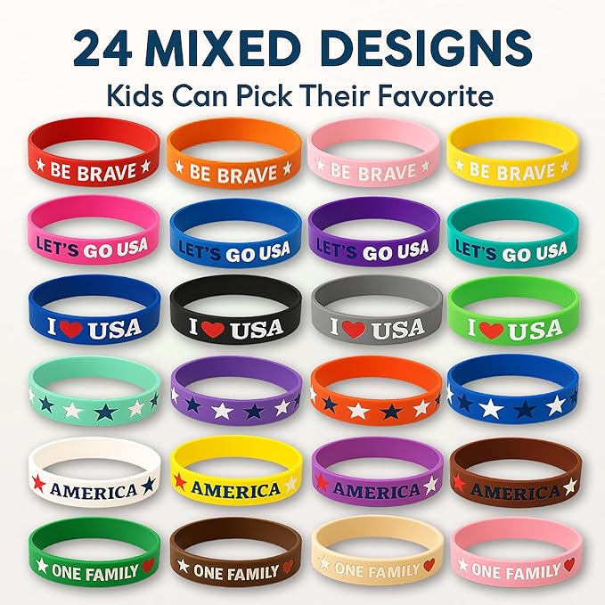 Kids Bracelets Silicone Wristbands: 24 Pack USA Theme Classroom Rewards Birthday Party Favors & School Spirit Day Gifts for Elementary Students