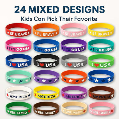 Kids Bracelets Silicone Wristbands: 24 Pack USA Theme Classroom Rewards Birthday Party Favors & School Spirit Day Gifts for Elementary Students
