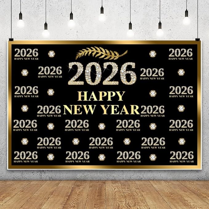 Leyiyi 12x10ft 2026 Happy New Year Backdrop Sparkling Diamond Black and Gold Photography Background Step and Repeat Diamond 2026 Photo Backdrop New Year Eve Holiday Party Photo Props