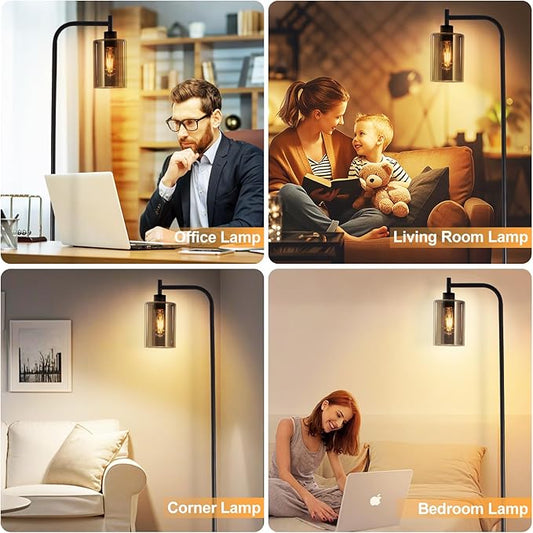 DLLT Floor Lamp Tall for Room: Black Standing Lamp with Grey Glass Lampshade for Living Room - Modern Bright Lamp for Bedroom - Industrial Corner Floor Lamps for Office 8W Led Bulb Included