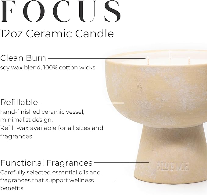 Blueme Focus Candle | Eucalyptus & Lime | 3 Wick - Refillable Wellness Candle with Essential Oils, Hand Finished & Poured Soy Wax Blend Ceramic Vessel, Natural Cotton Wicks | Medium 12 oz